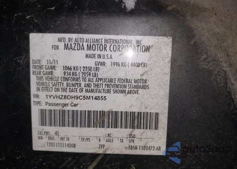 2012 Mazda Mazda6 I Touring из США, поврежденный, VIN 1YVHZ8DH9C5M14855